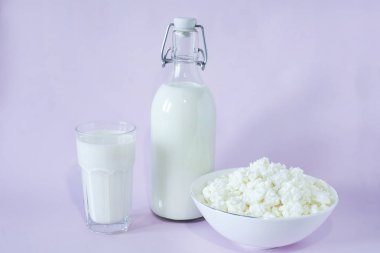 Taze süzme peynir ve süt kahvaltı için bir cam şişe ve bir bardak süt çerçeve merkezinde bir lavanta arka plan