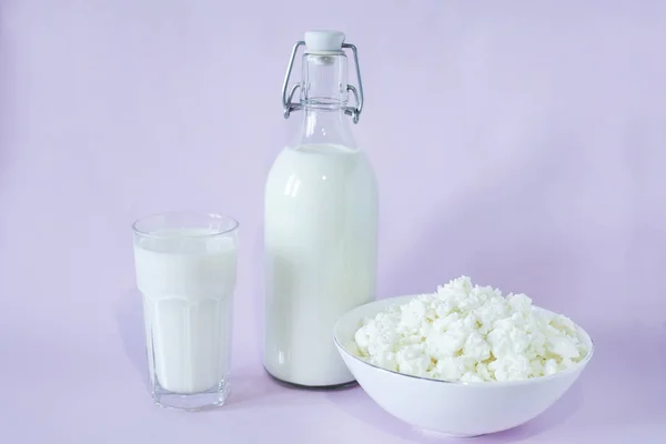 Queso cottage fresco y leche para el desayuno en una botella de vidrio y un vaso de leche en el centro del marco sobre un fondo de lavanda —  Fotos de Stock