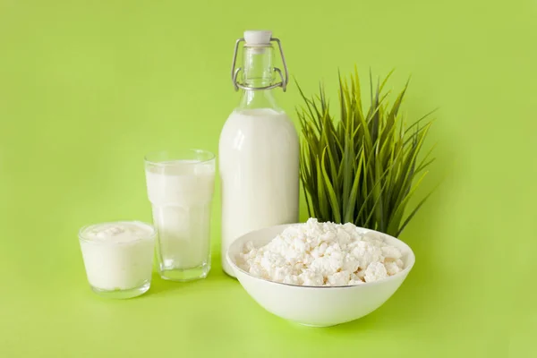 Latte in una bottiglia fiocchi di latte alla panna acida e un bicchiere di latte su uno sfondo verde con erba — Foto Stock