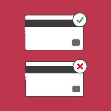 Kredi kartı simgesi. Başarılı işlem ve reddedilen işlemi. Vektör çizim.