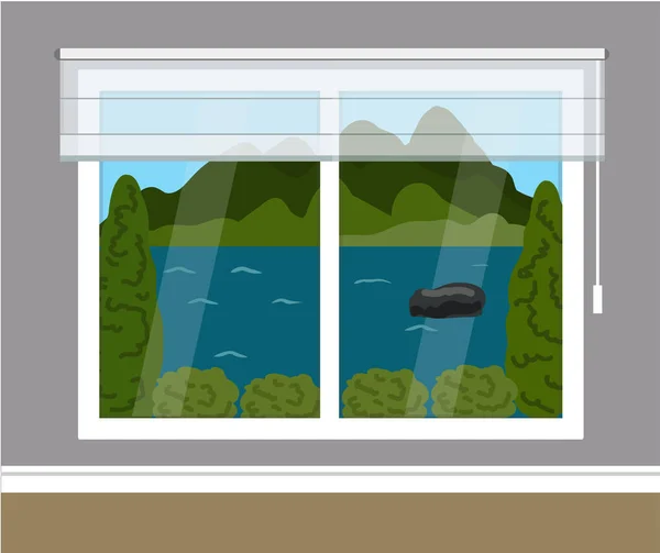 Ventana vista de las montañas y el río. Ilustración vectorial . — Vector de stock