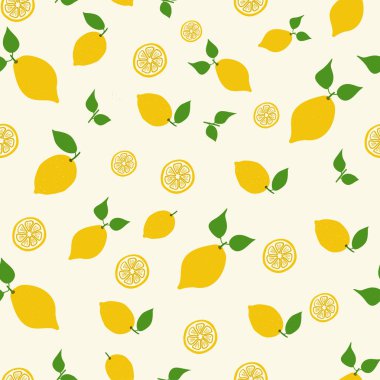 Sorunsuz vektör el çizilmiş desen ile limon, limon dilimi ve yaprakları. 