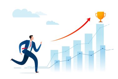 İş adamları daha iyi başarılar elde etmek ve ödül kupa almak için çalıştırın. İş kavramı vektör çizim.