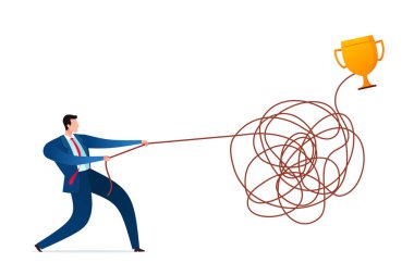 İşadamı çözmek bir çözüm bulmak için ipi çözmek. İş kavramı illüstrasyon.