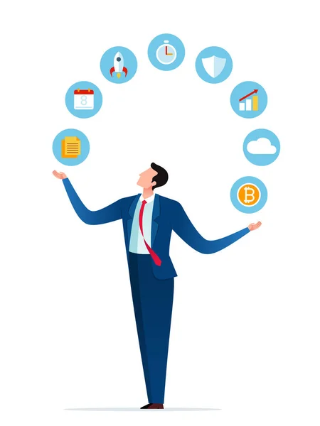 Businessman Balancing Some Business Action Icons Business Strategy Business Concept — Stockvector