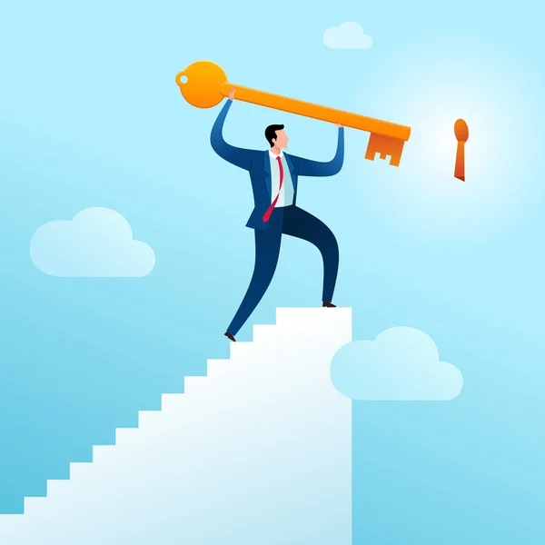 Geschäftsleute Steigen Die Treppe Hinauf Einen Schlüssel Als Problemlösung Seinen — Stockvektor