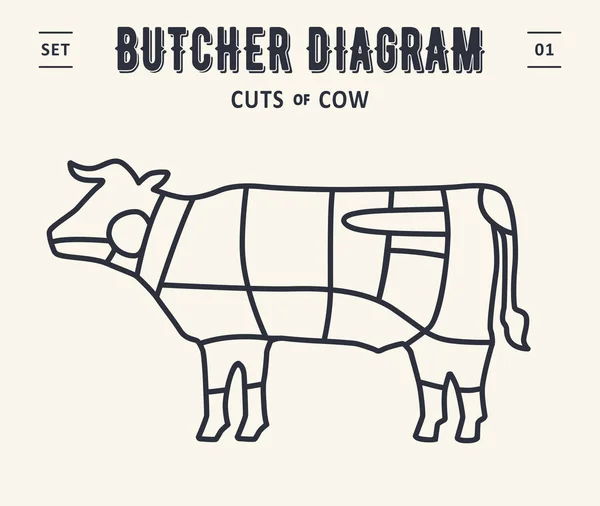 Snijden Van Vlees Set Poster Slager Diagram Regeling Rundvlees Koe — Stockvector