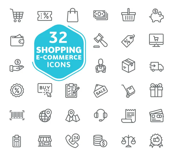 E-ticaret, online alışveriş ve teslim öğeleri simgeler vektör. Anahat simgeleri koleksiyonu. İnce çizgiler Icons set web. Düz tasarım. UI simgeler
