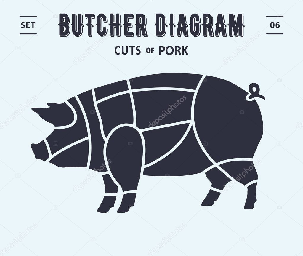 Cut of meat set. Poster Butcher diagram and scheme - Pork. Vintage typographic. Diagrams for butcher shop, design for restaurant or cafe. Vector Illustration