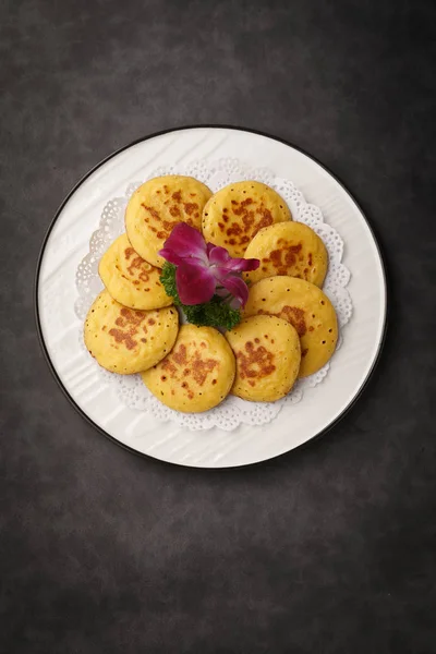 Banana pan cake in the white ceramic dish