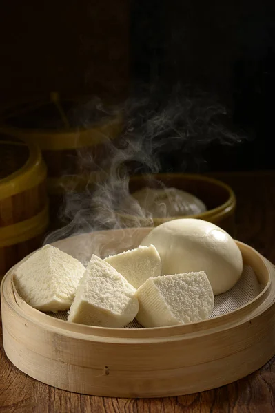 Steamed buns in a bamboo weaving dish