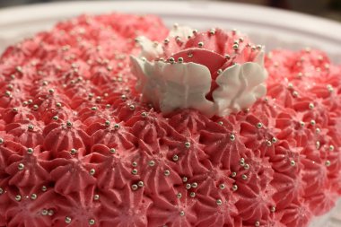 Lezzetli güzel pasta dekorasyon krem tatlı Restoran mutfakta beyaz bir plaka üzerinde