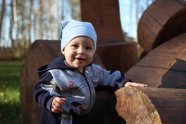 Petit Enfant Accroche Aux Bûches Bois Été Souriant Dans Parc — Photo