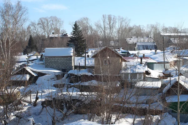 Old Wooden Residential Houses Vegetable Garden Homemade Greenhouse Winter Ravine — Stock Photo, Image