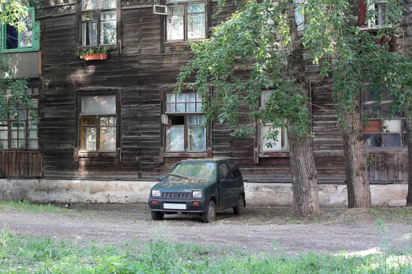 Old Wooden Block Flats Planks Patterned Rickety Porch Wall Windows — Stock Photo, Image