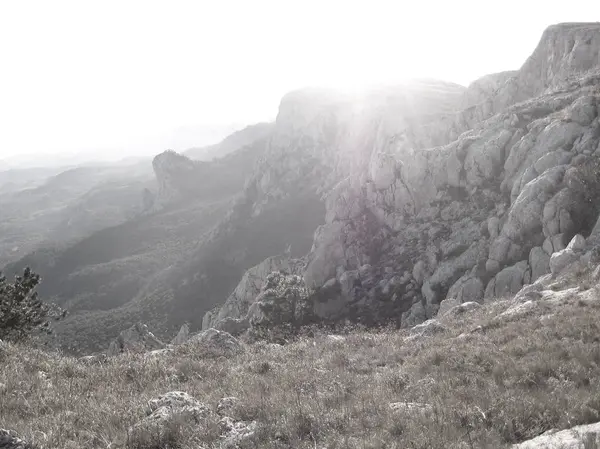Туманний Ранок Скелястій Гірській Ущелині Сонячно Освітлений Панорамний Вид Зверху — стокове фото