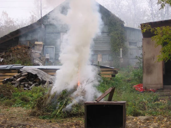 Bir woo yakınındaki bahçesinde kuru ot yanan duman ile büyük bir yangın — Stok fotoğraf