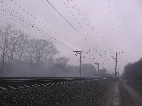 Trilhas de trem vazias no nevoeiro da manhã em direção à frente — Fotografia de Stock