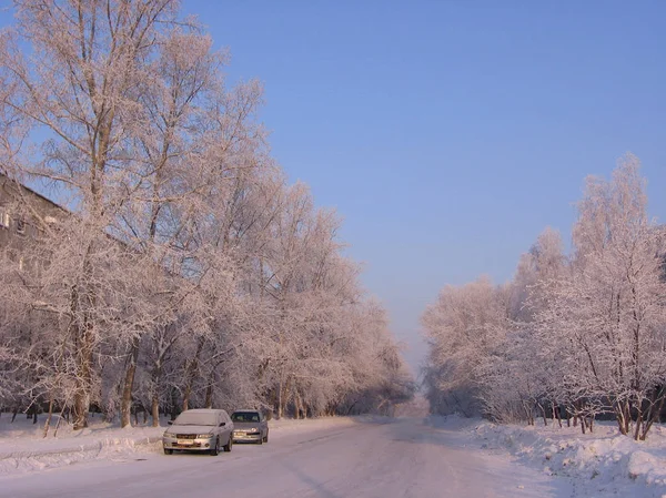 Russland Nowosibirsk Januar 2010 Winterlich Verschneite Straße Einer Stadt Mit — Stockfoto
