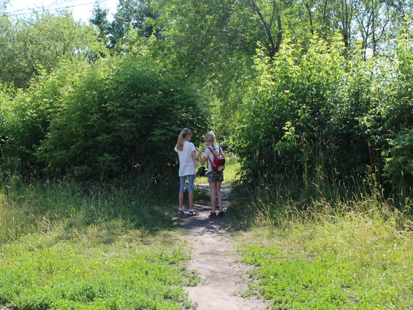 俄罗斯 Novosibirsk 2020 两个在街上散步的女朋友穿过公园 — 图库照片