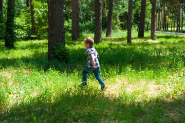 Yeşil çimlerin üzerinde ormanda koşan bir çocuk. Çocuk dışarıda eğleniyor.