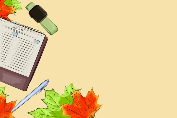 Akçaağaç yapraklı Autumn Frame, kol saati, kalem, defter. Autumn Flat Lay Mockup. Okula geri dön. 
