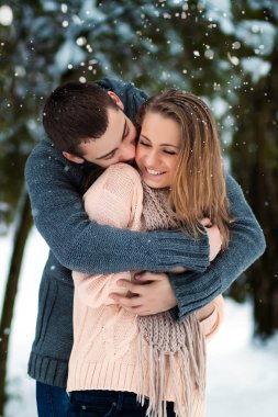 mutlu genç çift kış parkta sarılma 
