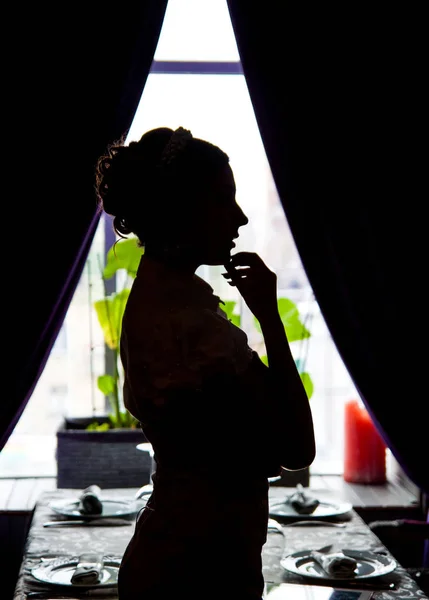 Silhouette Young Woman Window — Stock Photo, Image