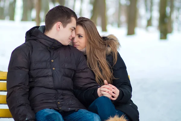 Feliz Jovem Casal Divertindo Parque Inverno — Fotografia de Stock