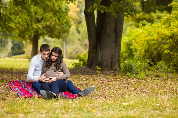 Happy Young Pregnant Couple Hugging Sitting Plaid Park — Stock Photo, Image
