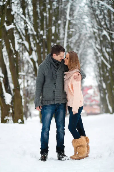 Feliz Joven Pareja Abrazándose Invierno Parque — Foto de Stock