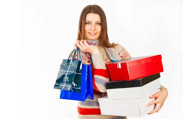 Attraktive Junge Frau Mit Einkaufstaschen Und Paketen Isoliert Auf Weißem — Stockfoto