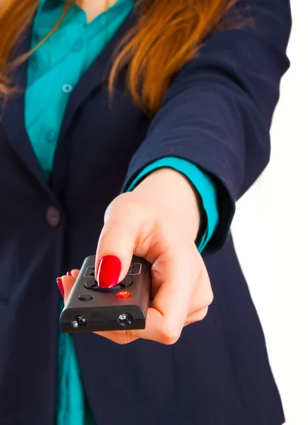 Joven Mujer Negocios Panel Control Remoto — Foto de Stock