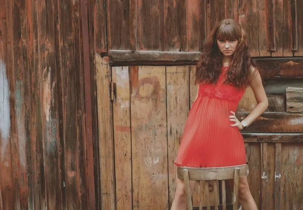 Sexy Gorgeous Young Woman Old Wooden Wall — Stock Photo, Image