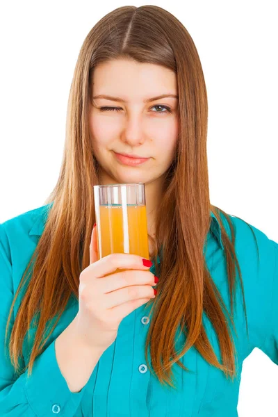 Porträtt Vacker Ung Kvinna Med Ett Glas Apelsin Äppeljuice Isolerade — Stockfoto