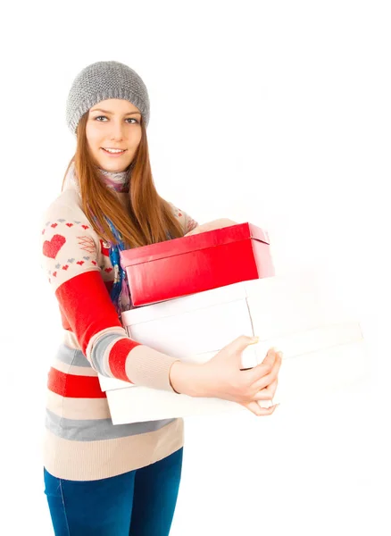 Aantrekkelijke Jonge Vrouw Glb Holding Pakketten Geïsoleerd Een Witte Achtergrond — Stockfoto