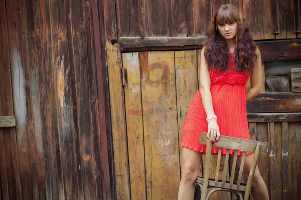 Sexy Gorgeous Young Woman Old Wooden Wall — Stock Photo, Image