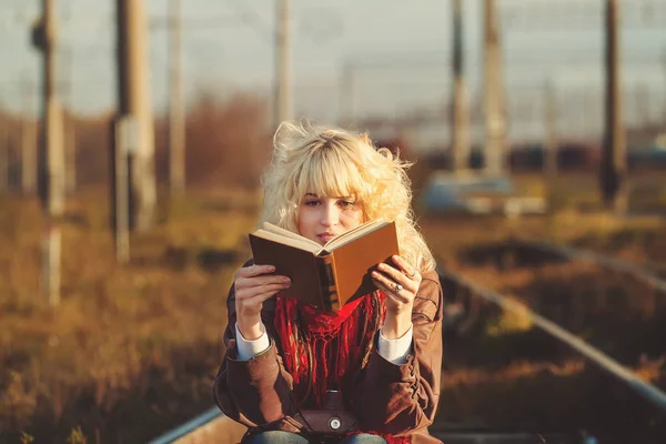 Young Blonde Woman Holding Book Posing Sitting Rails Vintage Atmosphere — Stock Photo, Image