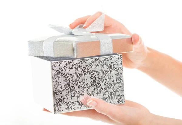 Female Hands Holding Beautiful Gift Box Isolated White Background — Stock Photo, Image