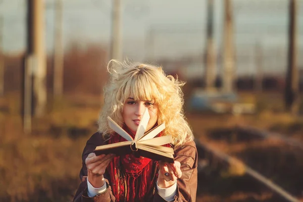 Young Blonde Woman Holding Book Posing Sitting Rails Vintage Atmosphere — Stock Photo, Image