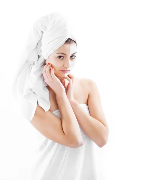 Woman Headband Lifting Cream Applied Half Her Face Isolated White — Stock Photo, Image