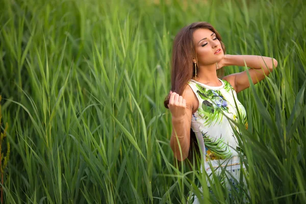 Schöne Junge Frau Posiert Sommergrünen Gras — Stockfoto