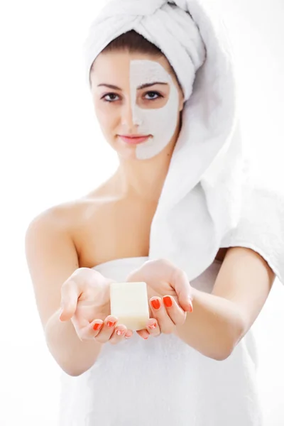 Woman Headband Lifting Cream Applied Half Her Face Take Soap — Stock Photo, Image