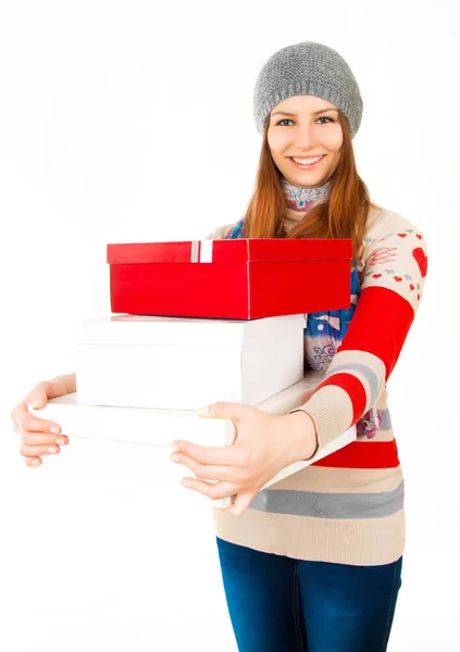 Aantrekkelijke Jonge Vrouw Glb Holding Pakketten Geïsoleerd Een Witte Achtergrond — Stockfoto