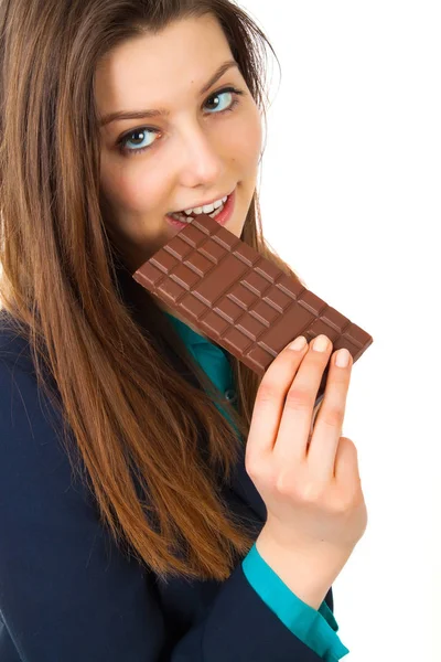 Bonita Mujer Negocios Comer Barra Chocolate Aislado Sobre Fondo Blanco —  Fotos de Stock