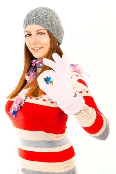 Portret Pięknej Młodej Kobiety Zimowe Rękawiczki Czapkę Białym Tle Białym — Zdjęcie stockowe