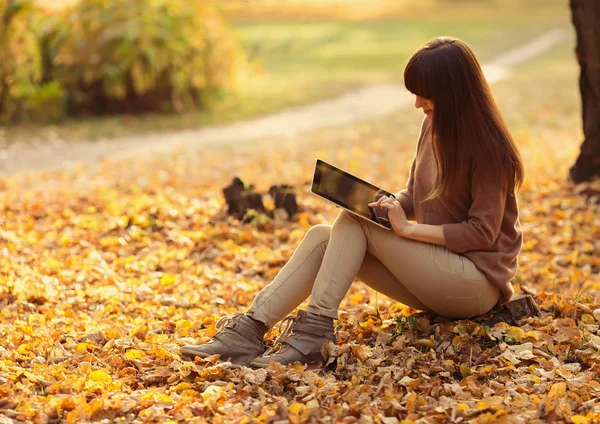 Smiling Young Woman Using Tablet Sitting Fallen Leaves Autumn Park — Stock Photo, Image