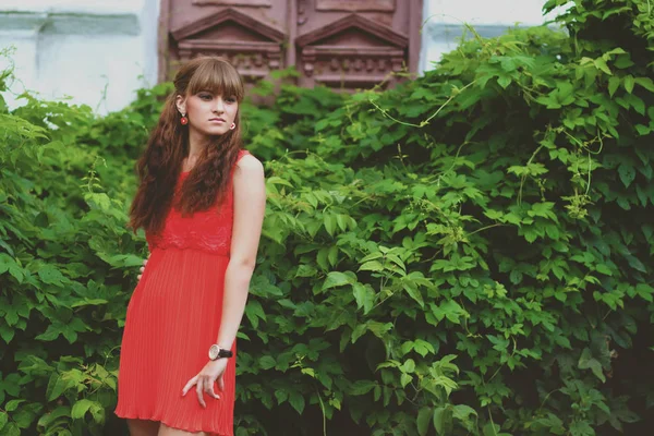 Gros Plan Portrait Une Belle Fille Dans Une Robe Rouge — Photo