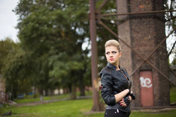 Stylish Young Blonde Woman Black Leather Jacket Metal Construction Rock — Stock Photo, Image