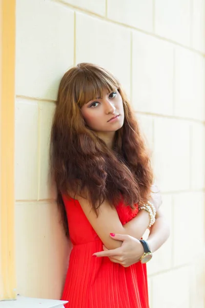 Fashionable Young Woman Summer Dress Posing Old Stone Wall Soft — Stock Photo, Image